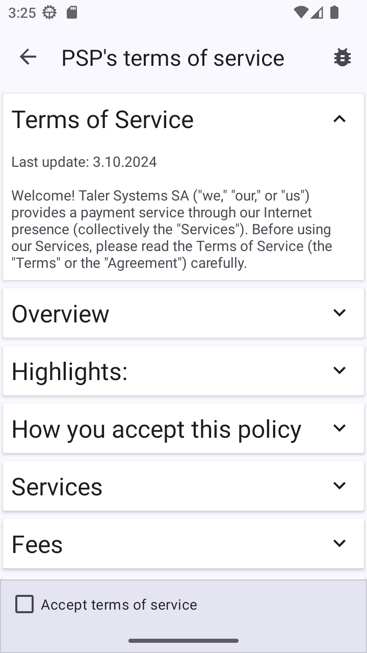 Wallet showing the terms of service