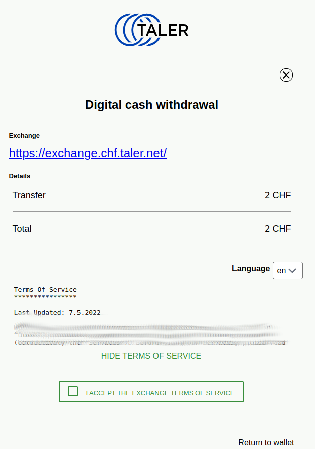 Wallet showing the terms of service