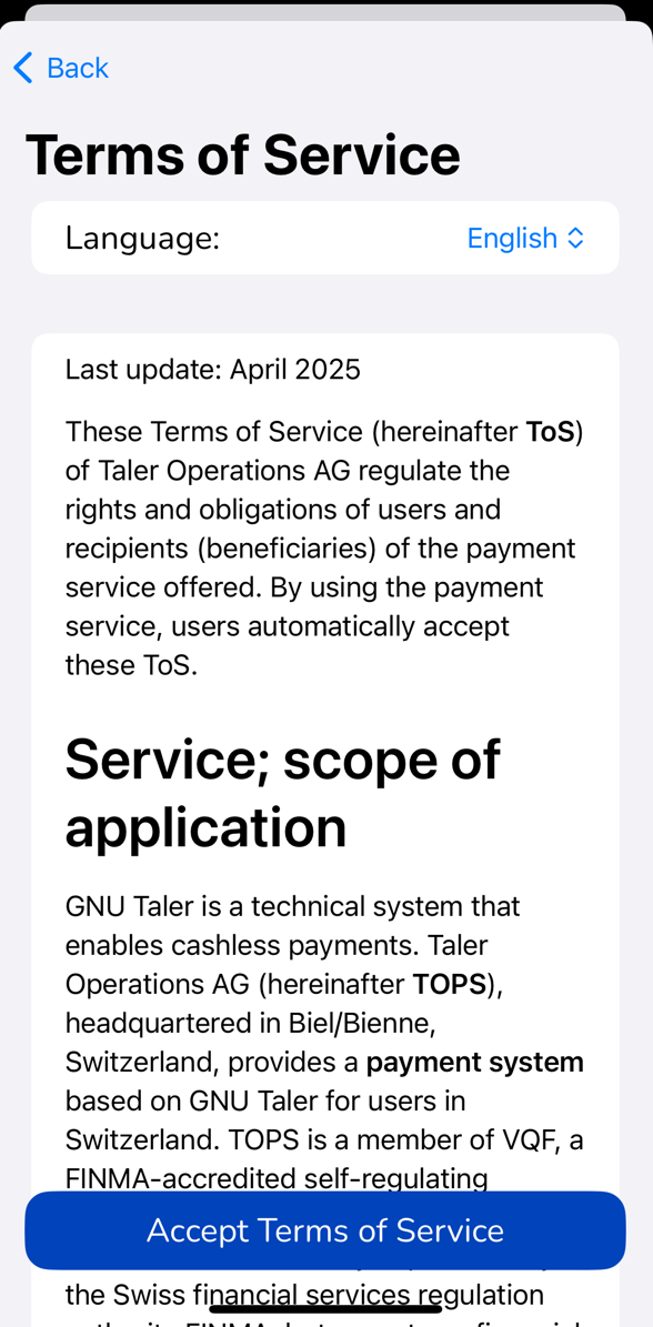 Wallet showing the terms of service