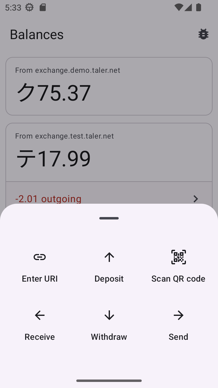 The Taler wallet's action menu