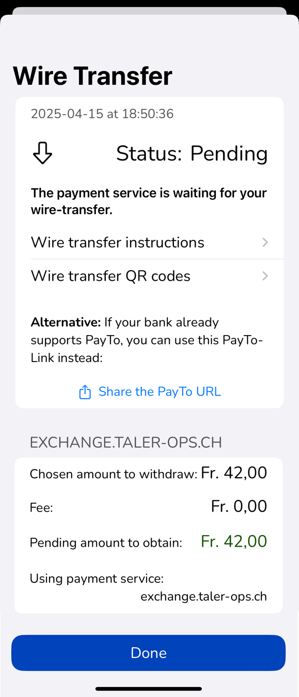 Wallet showing wire transfer instructions