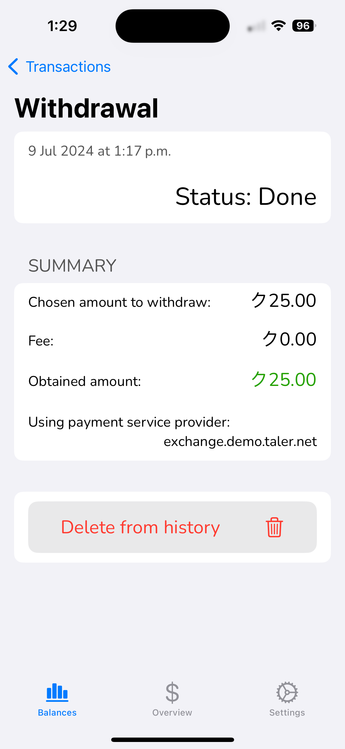 Wallet showing withdrawal status