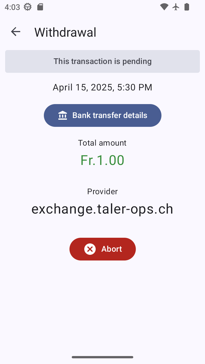 Wallet showing pending withdrawal status