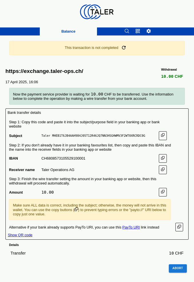 Wallet showing pending withdrawal status