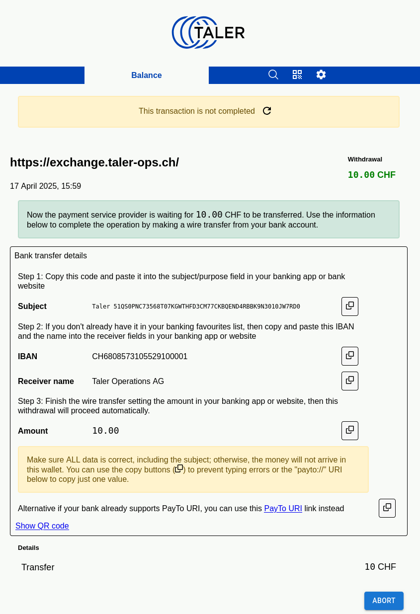Wallet showing pending withdrawal status