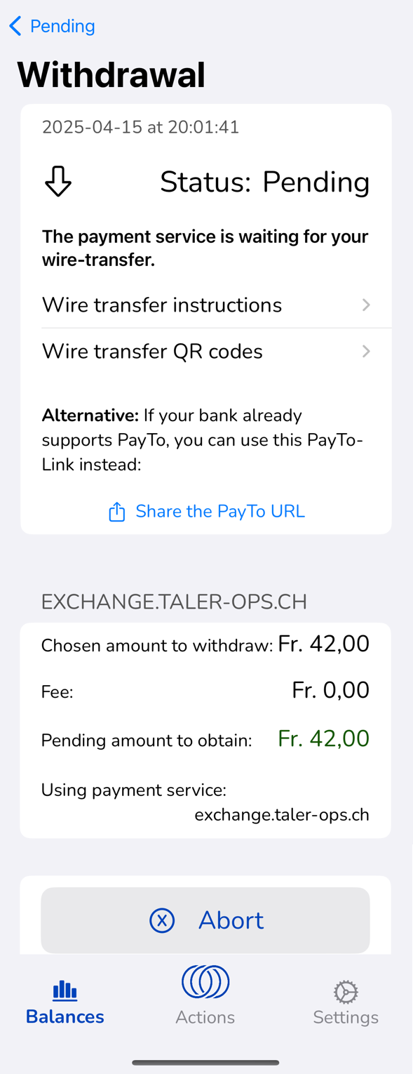 Wallet showing pending withdrawal status
